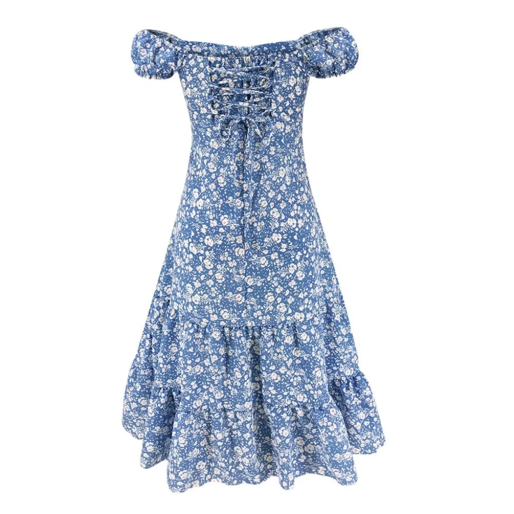 Boho Blue Floral print Ruffle Hem Off Shoulder lace up Dress - Picture 4 of 6